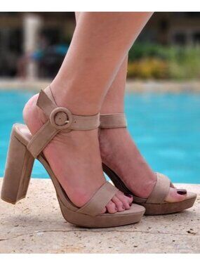 Taupe Faux Suede Platform Pumps with Chunky Heel & Buckle Closure
